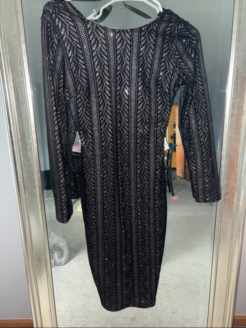 AKIRA Black and Silver Long Sleeve Lace Sheath Dress